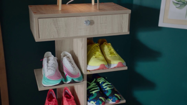 Video Reference: Footwear, Shoe, Sneakers, Walking shoe, Shelving, Shelf, Sportswear, Shoe organizer, Outdoor shoe, Flooring