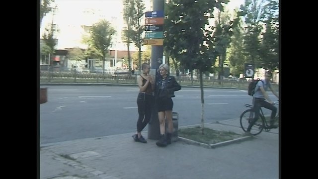 Video Reference: street, people, sidewalk, city, bicycle, cyclist, trees, signpost, urban, outdoors, conversation, pedestrian