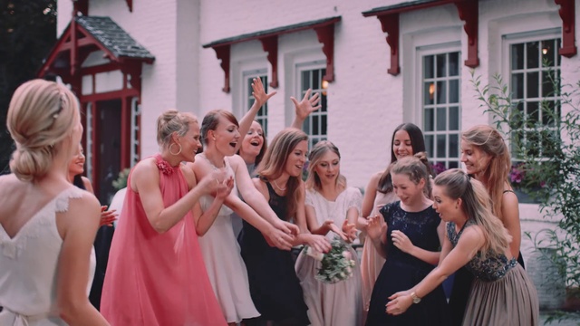 Video Reference: Window, Smile, Dress, Happy, Bridal clothing, Gesture, Bridal party dress, Pink, Gown, Prom