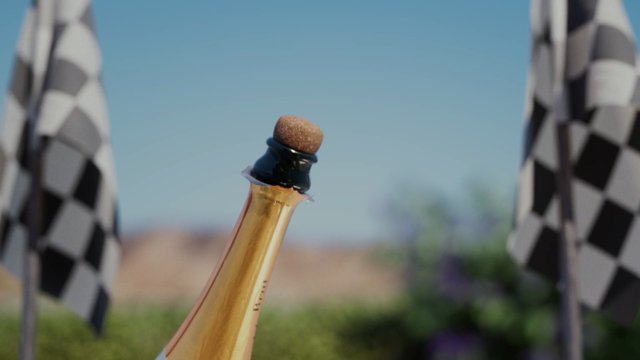 Video Reference: champagne, bottle, cork, checkered flags, celebration, close-up, outdoor, blurred background, racing, victory, party