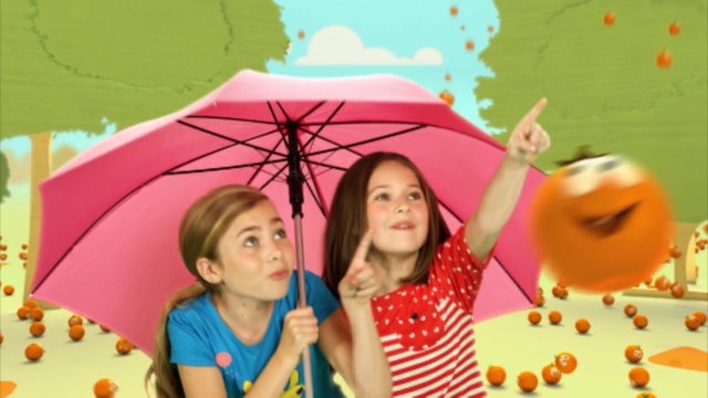 Video Reference: children, umbrella, pink, cartoon, animated, outdoor, colorful, orange, playful, kids, fantasy, bright, tree, pointing, scene