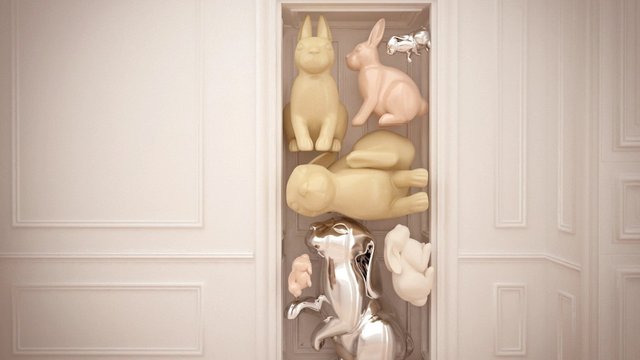 Video Reference: interior, hallway, doorway, sculpture, rabbit, bunny, abstract, minimalist, pastel, metallic, art installation, decorative, modern, 3d render, surreal, home decor