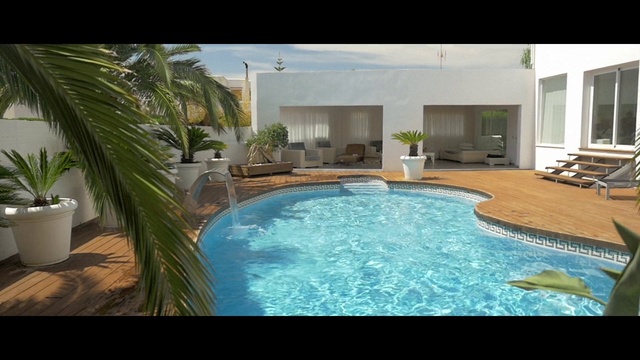 Video Reference: Water, Azure, Swimming pool, Plant, Rectangle, Interior design, Shade, Leisure, Real estate, Outdoor furniture