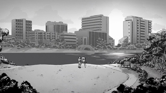Video Reference: Building, Water, Skyscraper, Sky, Black, Black-and-white, Body of water, Style, Tower block, Tree