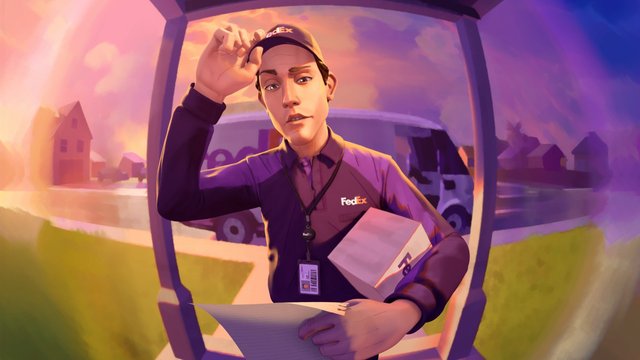 Video Reference: animated, delivery worker, courier, package, front door, door camera, fisheye, sunset, uniform, parcel, house, outdoor, mail, note, 3d render, commercial