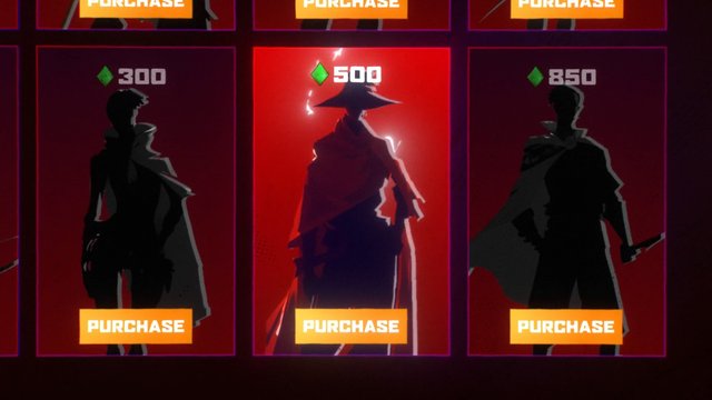 Video Reference: video game, shop menu, character selection, silhouette, purchase button, pricing, ui, interface, red background, fantasy, player choice, game currency, cards, menu screen