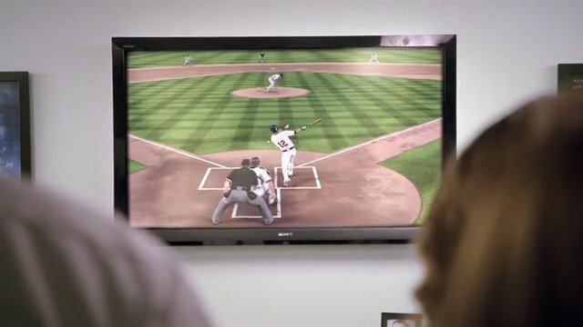 Video Reference: baseball, television, sports, game, home plate, pitcher, batter, stadium, indoor, viewing, broadcast, living room