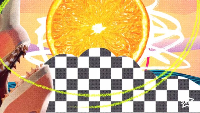 Video Reference: abstract, orange slice, fruit, checkered pattern, sneaker, collage, graphic design, neon lines, colorful, texture, artistic, pop art, close-up, pattern, background, creative