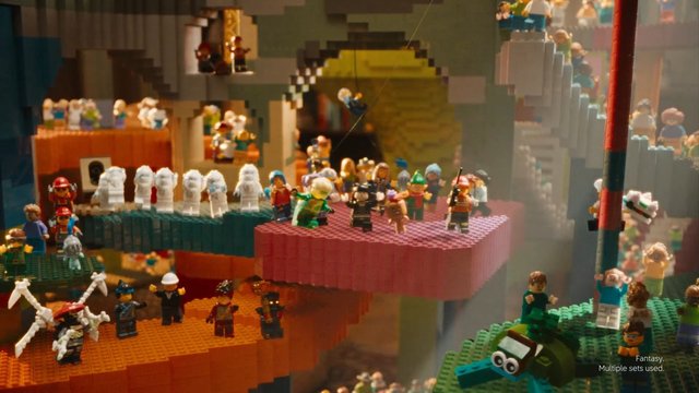 Video Reference: LEGO, toy figures, miniature, fantasy, block display, crowd, colorful, platforms, arched cave, playset, diorama, collectibles, indoor scene, multilevel, miniatures, fantasy world