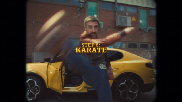 Video Reference: man, kick, karate, sports car, yellow car, action pose, outdoor, text overlay, urban, motion blur, instructional, martial arts