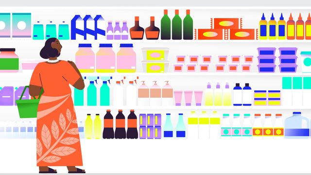 Video Reference: illustration, woman, shopping, store, shelves, products, bottles, containers, household, grocery, retail, supermarket, consumer goods, aisle, colorful, cart