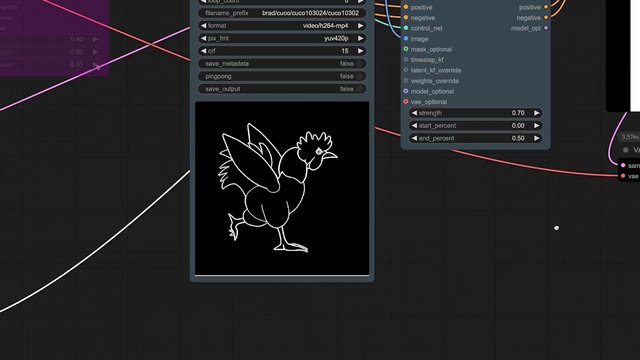 Video Reference: software, interface, node graph, preview window, line art, rooster, chicken, dark background, workflow, parameters, screen capture, digital art