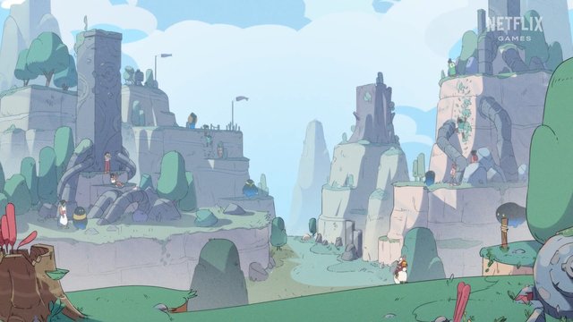 Video Reference: animated, landscape, canyon, cliffs, rocks, trees, fantasy, characters, path, sky, pastel, adventure, game scene, cartoon, outdoors, platforms