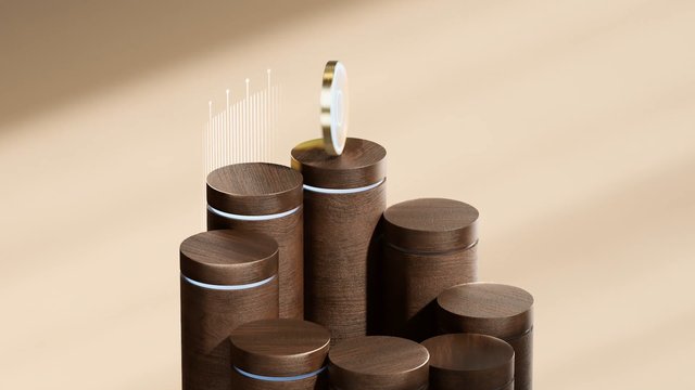 Video Reference: abstract, 3d render, cylinders, pedestals, minimalist, beige background, geometric, wood texture, glowing lines, circular disc, modern design, product display, studio lighting