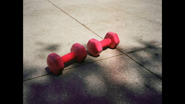 Video Reference: dumbbells, weights, exercise, fitness, outdoor, sidewalk, concrete, pink, shadow, sunlight, equipment, street