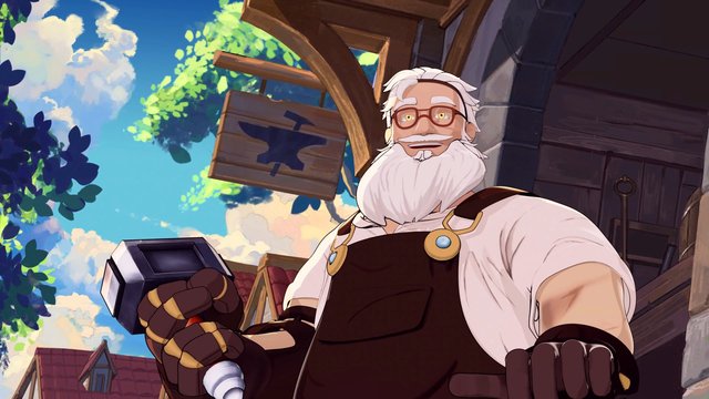 Video Reference: animated, elderly man, bearded man, glasses, hammer, work gloves, carpenter, wooden building, outdoors, blue sky, fantasy, game art, smiling, close-up, village, sunny