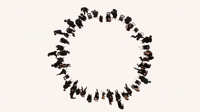 Video Reference: overhead, group, people, circle, chairs, white background, minimalist, indoor, aerial view, seated, arrangement, meeting, performance, abstract