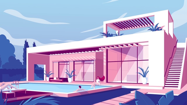 Video Reference: Property, Building, Azure, Sky, Architecture, Shade, Interior design, Pink, Line, Material property