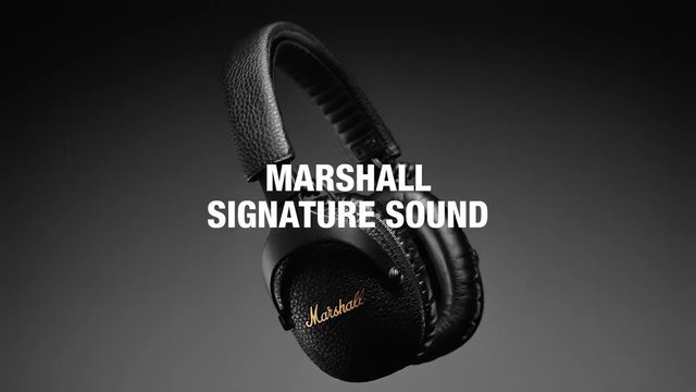 Video Reference: headphones, over-ear headphones, audio, sound, product shot, studio background, black, wireless, Marshall, text overlay, advertisement, technology, consumer electronics