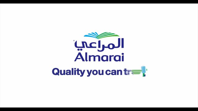 Video Reference: logo, Almarai, brand, slogan, white background, Arabic text, English text, minimal, corporate, branding, food company, clean, centered, graphic