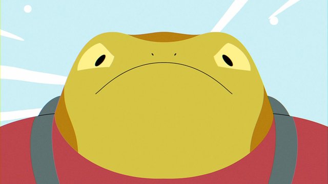 Video Reference: animated, cartoon, frog, character, close-up, face, animal, cute, red shirt, sky, blue background, illustration, stylized, kids, fantasy