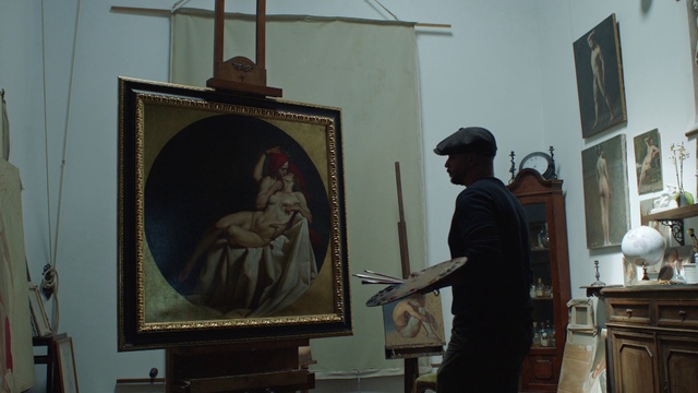 Video Reference: Picture frame, Art, Painting, Artist, Hat, Event, Visual arts, Building, Illustration, Room