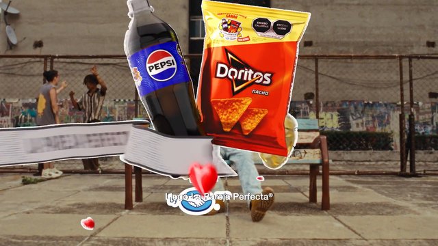 Video Reference: advertisement, soda, chips, Pepsi, Doritos, bench, outdoor, street, chain-link fence, people, floating objects, heart graphics, product shot, urban