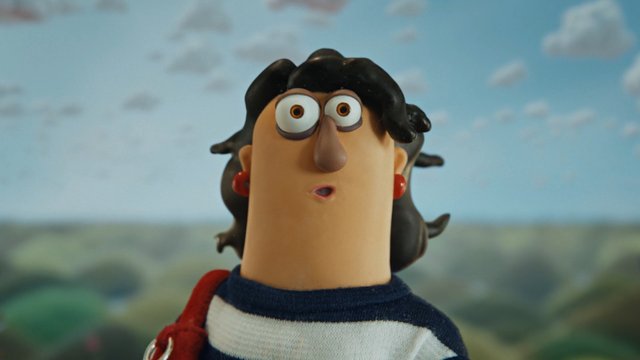 Video Reference: claymation, stop motion, woman, close-up, cartoon character, black hair, red earrings, striped shirt, outdoor, sky, clouds, landscape, animated