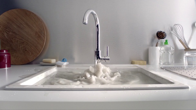 Video Reference: Tap, Sink, Plumbing fixture, Property, Product, Countertop, Fluid, Interior design, Kitchen, Rectangle
