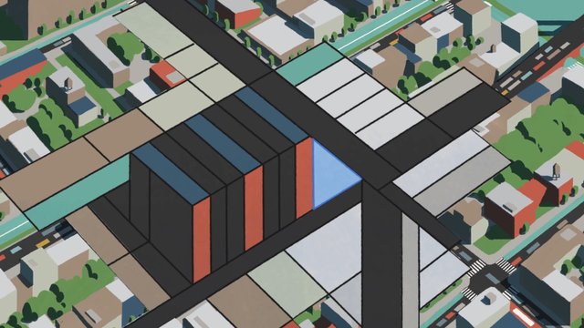 Video Reference: aerial, city, urban, buildings, roads, trees, illustration, abstract, geometric, overhead, neighborhood, blocks, minimalist, colorful, map-like