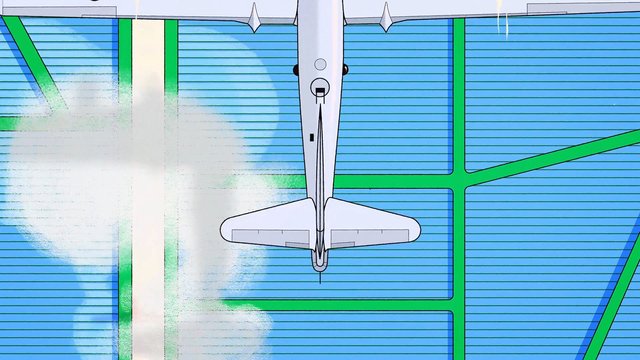 Video Reference: airplane, top down, aerial view, map, grid, travel, transportation, flight, cartoon, illustration, navigation, route, blue, green, overhead, vehicle