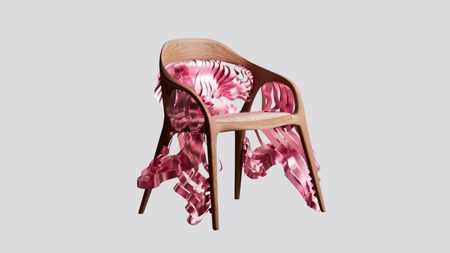 Video Reference: chair, wooden chair, furniture, abstract, 3d render, pink, ribbon, woven, design, modern, minimal background, sculpture, interior design, concept art