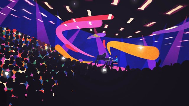 Video Reference: abstract, concert, piano, pianist, stage, crowd, silhouette, music, live performance, colorful, neon, audience, theater, lights, illustration, art