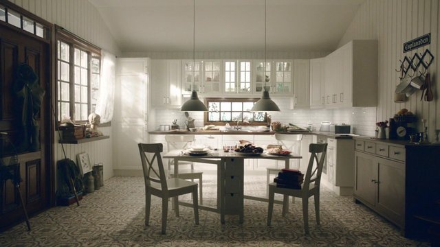 Video Reference: kitchen, interior, dining table, chairs, white cabinets, windows, sunlight, pendant lights, rustic, home, countertop, floor tile, tableware, shelves, cabinetry, bright