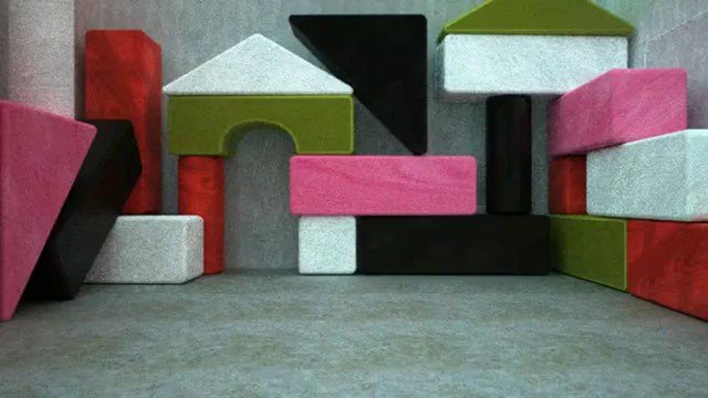 Video Reference: abstract, geometric, blocks, foam, cardboard, colorful, pink, green, red, white, black, stacked, shapes, indoor, structure