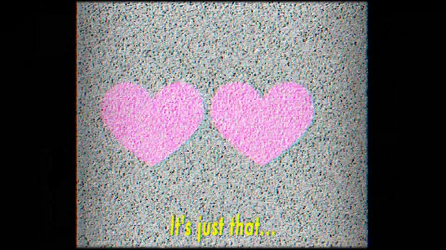 Video Reference: static, noise, tv glitch, hearts, pink hearts, text, caption, retro, vintage, abstract, screen, overlay