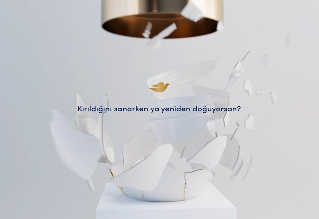 Video Reference: shattering, ceramic, vase, cup, white background, minimalist, abstract, motion, fragmented, gold accent, hanging lamp, turkish text, advertisement, conceptual, modern, clean