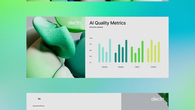 Video Reference: presentation, dashboard, bar chart, AI, metrics, accuracy, precision, recall, F1 score, slide, business, analytics, abstract, green, gradient, quarterly updates