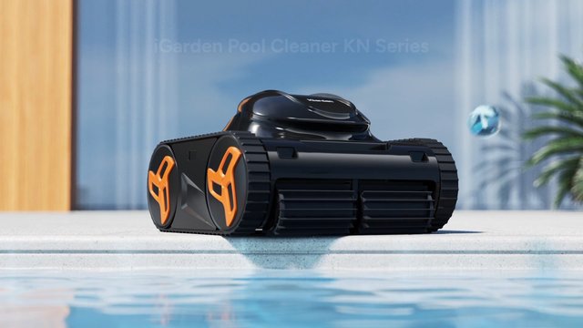 Video Reference: pool cleaner, robotic cleaner, swimming pool, cleaning device, automatic vacuum, pool maintenance, industrial design, black device, orange accents, product shot, water, poolside, technology, home appliance