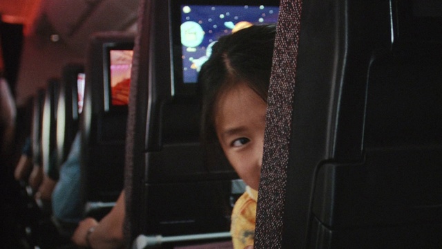 Video Reference: Hairstyle, Passenger, Public transport, Travel, Fun, Toddler, Sitting, Child, Darkness, Room