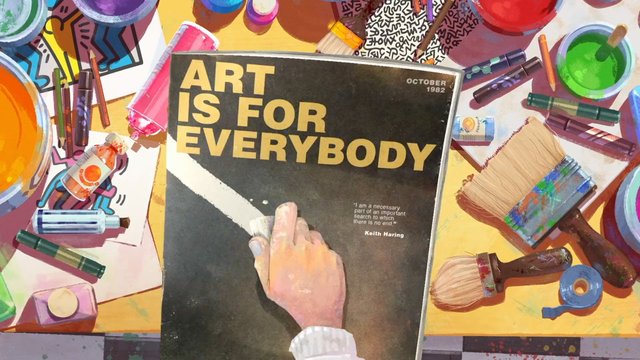 Video Reference: art, art supplies, paintbrush, crayons, magazine cover, illustration, colorful, creative, painting, poster, text, vintage, design, crafts, flat lay