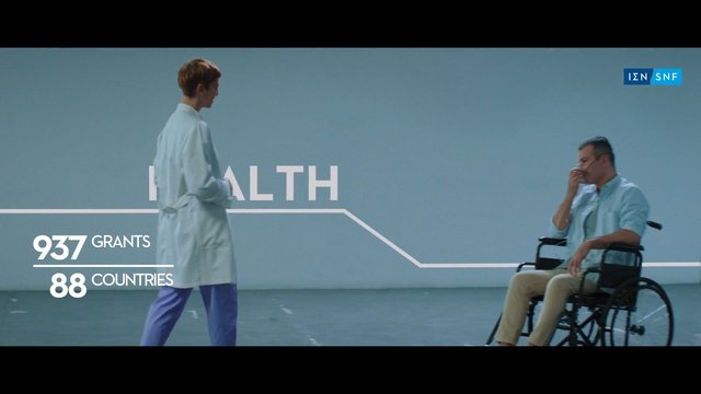 Video Reference: healthcare, hospital, doctor, patient, wheelchair, medical, clinic, lab coat, infographic, charity, text overlay, presentation, disability, blue background