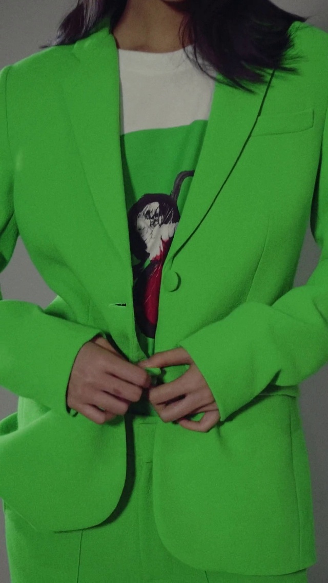 Video Reference: Outerwear, Green, Neck, Sleeve, Textile, Jersey, Tie, Dress, Gesture, Collar