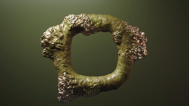 Video Reference: abstract, metal, ring, loop, sculpture, close-up, texture, irregular, green, copper, shiny, organic, isolated, background, macro