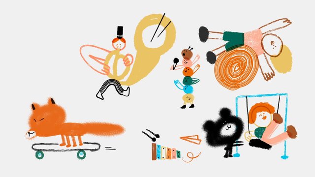 Video Reference: abstract, illustration, cartoon, colorful, playful, whimsical, animals, fox, skateboard, bear, figures, children, drawing, doodle, white background