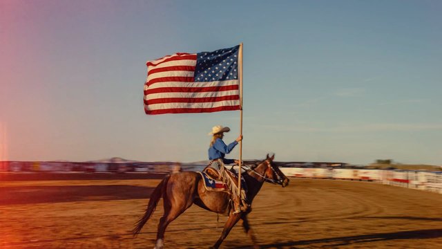 Video Reference: horse, rider, american flag, rodeo, arena, cowboy, equestrian, outdoor, motion blur, patriotic, western, sunset, sport, flag, performance