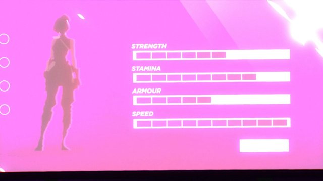 Video Reference: video game, stats screen, character silhouette, pink background, strength, stamina, armour, speed, ui, menu, fantasy, avatar, hud, game interface