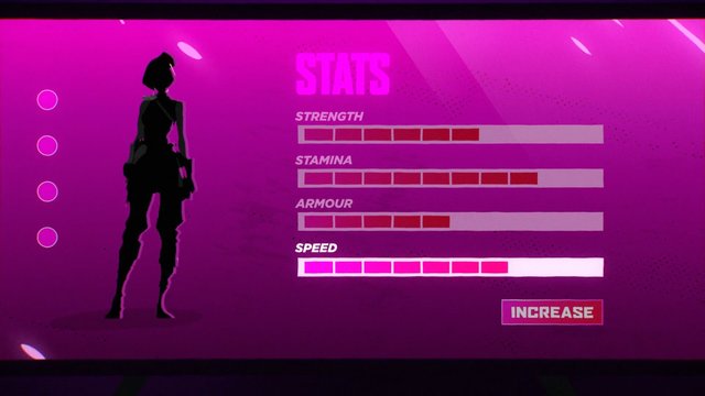 Video Reference: video game, stats screen, character silhouette, strength, stamina, armour, speed, menu, ui, pink background, upgrade, attribute bars, game interface