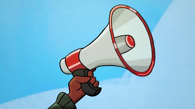 Video Reference: Megaphone, Gesture, Elbow, Human leg, Art, Knee, Tool, Font, Audio equipment, Drawing
