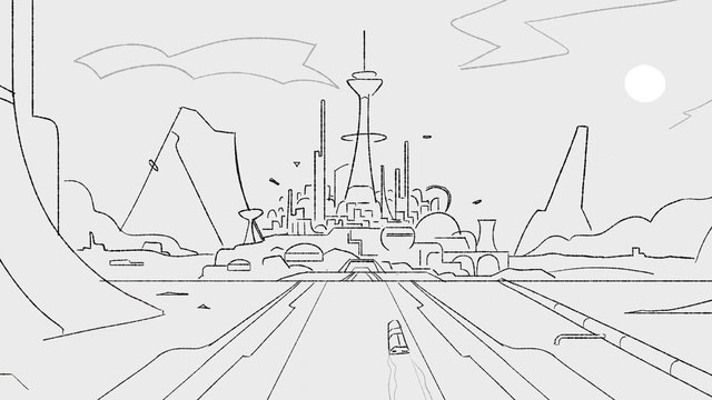 Video Reference: line art, futuristic city, city skyline, tower, road, runway, mountains, clouds, minimalist, black and white, sci-fi, landscape, urban, perspective, outdoors